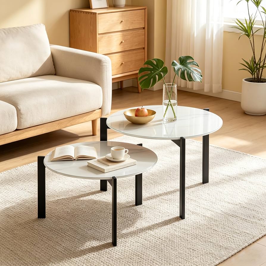 Amazon.co.jp: Chic ZONE ローテーブル 丸 2点セット 大理石調